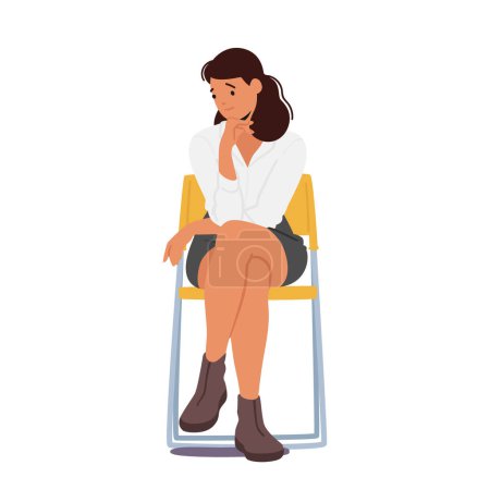 Junge Mädchenfigur, die auf einem Stuhl sitzt, beleidigend und gedankenverloren auf weißem Hintergrund erscheint. Emotionen, psychische Gesundheit oder persönliches Selbstbetrachtungskonzept. Cartoon People Vektor Illustration