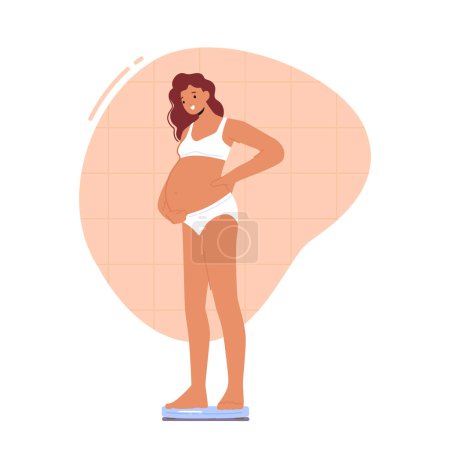 Illustration for Beautiful Pregnant Woman Stands On Weighing Scale Checking If Her Weight Is Under Control During Her Pregnancy. Mother-to-be Girl Cares About Health Of Growing Baby. Cartoon People Vector Illustration - Royalty Free Image