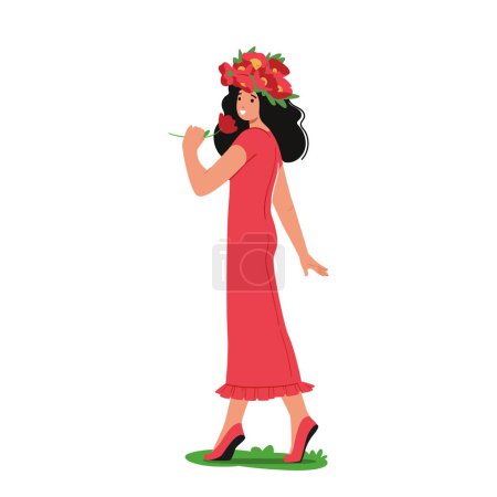 Illustration for Isolated Young Girl Wearing Colorful Flower Crown and Red Long Dress Walking on Meadow and Sniffing Blossoms. Beautiful Female Character Enjoying Summertime. Cartoon People Vector Illustration - Royalty Free Image