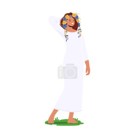 Illustration for Young Woman With Flower Crown On Head Wear Long Cotton Dress Standing Isolated On White Background. Nature, Bohemian And Hippie-inspired Design for Summer Fashion. Cartoon People Vector Illustration - Royalty Free Image