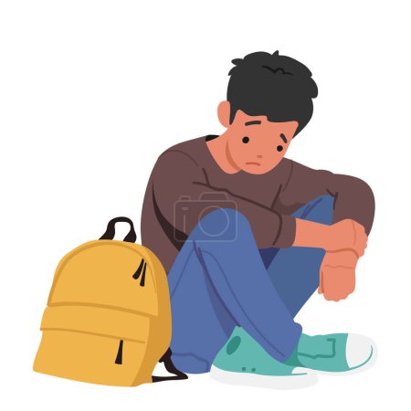 Illustration for Sad Little Child Sitting On Floor With Head Down Conveying A Feeling Of Loneliness And Despair. Upset and Unhappy School Boy Character Isolated on White Background. Cartoon People Vector Illustration - Royalty Free Image