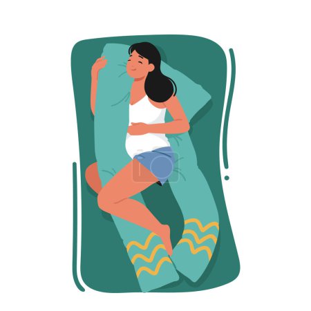 Illustration for Pregnant Woman Sleeping With Specially Designed Pillow That Accommodates The Shape Of The Baby Bump For Maximum Comfort. Isolated Female Character Nap on Bed. Cartoon People Vector Illustration - Royalty Free Image