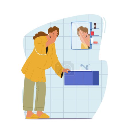 Illustration for Pregnant Woman In Early Stages Of Pregnancy Experiencing Nausea and Intense Feeling Of Discomfort And Uneasiness Caused By Morning Sickness Standing In Bathroom. Cartoon People Vector Illustration - Royalty Free Image