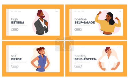 Téléchargez les illustrations : Confident People Landing Page Template Set. Male and Female Characters Exude Confidence And Self-assuredness Posing with Strong Postures Showing Strength and Power. Cartoon Vector Illustration - en licence libre de droit