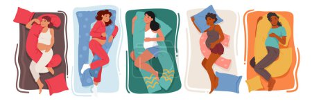 Illustration for Set of Expectant Mother Characters Sleeping Soundly With Specialized Pregnancy Cushion To Ensure Comfortable Rest. Serene And Restful Girls With Sleep Pillows. Cartoon People Vector Illustration - Royalty Free Image