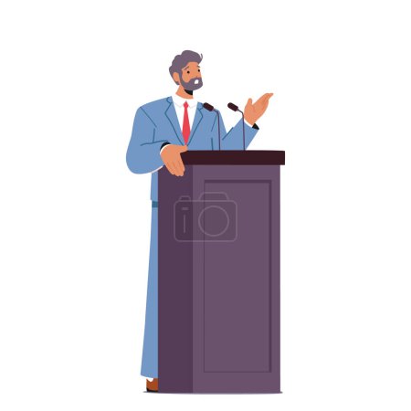 Illustration for Mature Male Character Give Speech From Tribune Addressing A Crowd Of Listeners With Passion And Intensity. Public Speaking, Political Event, Or Inspirational Speech. Cartoon People Vector Illustration - Royalty Free Image