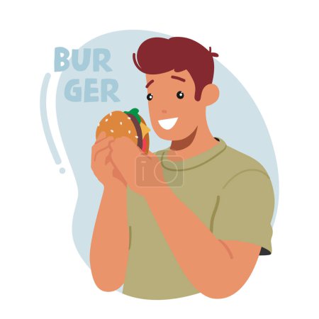 Illustration for Man Relishing Juicy Burger With A Look Of Pure Satisfaction On His Face. Male Character with Joy Of Indulging In Fastfood. Concept for Fast Food Restaurant Promo. Cartoon People Vector Illustration - Royalty Free Image