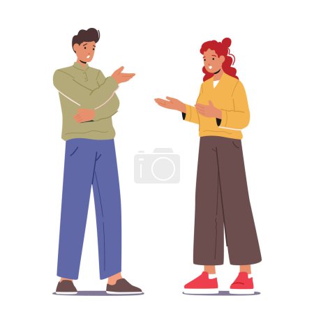 Téléchargez les illustrations : Casual And Friendly Conversation Between Man And Woman. Friends Or Colleagues Male Female Characters Engaged In Communication, Suggesting Good Rapport. Cartoon People Vector Illustration - en licence libre de droit