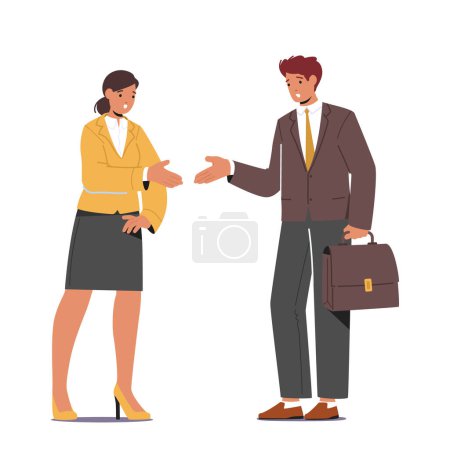 Illustration for Man And Woman Characters Shaking Hands Engaging In Conversation, Chatting As Colleagues, Building Connection. Effective Business Communication, Social Interaction. Cartoon People Vector Illustration - Royalty Free Image