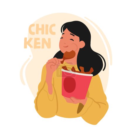 Illustration for Woman Indulging In Chicken Nuggets, Female Character with Carton Bucket Full of Fastfood Snack Displaying Enjoyment Of Taste And Texture Of Fast Food. Cartoon People Vector Illustration - Royalty Free Image