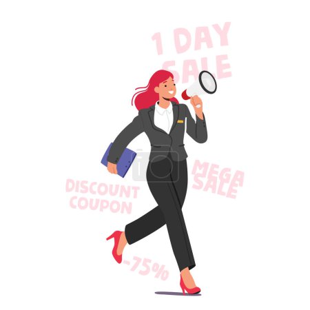 Illustration for Forceful Promoter Female Character with Megaphone Making Enticing Claims Of Perks And Presents. Aggressive Sales, Social Spam, Assertive, Insistent And Overbearing Promo. Cartoon Vector Illustration - Royalty Free Image