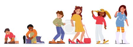 Set of Children Trying On Their Parents Shoes, Little Girls and Boys Standing On Tiptoes And Exploring Their Curiosity. Innocence, Kids Game Of Childhood Concept. Cartoon People Vector Illustration