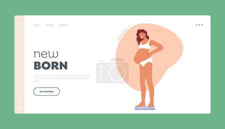 Illustration for New Born Landing Page Template. Beautiful Pregnant Woman Weighing on Scales Checking If Her Weight Is Under Control During Pregnancy. Mother-to-be Girl Care Health. Cartoon People Vector Illustration - Royalty Free Image