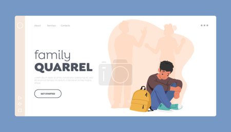 Illustration for Family Quarrel Landing Page Template. Parents Disagreement Leaves Child Feeling Distraught. Marital Strife, Emotional Turmoil Concept with Sad Boy Sitting On Floor. Cartoon People Vector Illustration - Royalty Free Image