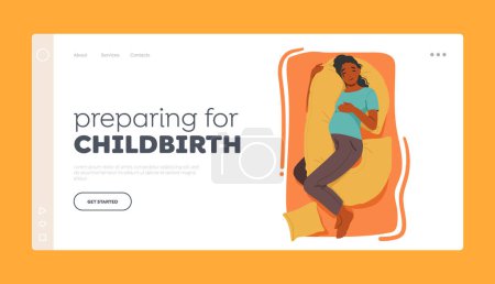 Illustration for Preparing for Childbirth Landing Page Template. Comfortable And Peaceful Sleeping Pregnant Female Character Resting With Specialized Cushion To Support Her Bump. Cartoon People Vector Illustration - Royalty Free Image
