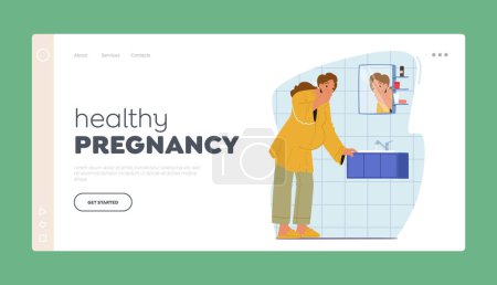 Illustration for Healthy Pregnancy Landing Page Template. Pregnant Woman Experiencing Nausea and Intense Feeling Of Discomfort Caused By Morning Sickness Standing In Bathroom. Cartoon People Vector Illustration - Royalty Free Image