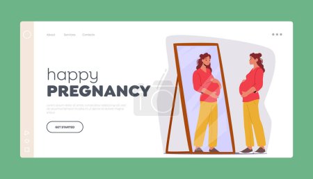 Happy Pregnancy Landing Page Template. Schwangere Frau mit Händen am Bauch sieht sich im Spiegel an. Ihr Spiegelbild zeigt eine schöne Frau mit Glücksgefühlen. Cartoon People Vektor Illustration