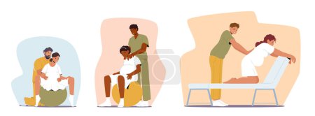 Ilustración de Set Expectant Mother And Spouse Characters Prepare For Childbirth With Fit Ball In Medical Facility. Couple Practices Relaxation Exercises To Help Facilitate Labor. Cartoon People Vector Illustration - Imagen libre de derechos