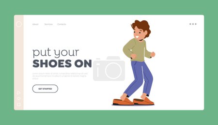 Illustration for Little Boy Trying on Father Shoes Landing Page Template. Concept of Child Curiosity And Desire To Emulate Parent. Children Fashion, Parenting, Family Bonding Theme. Cartoon People Vector Illustration - Royalty Free Image