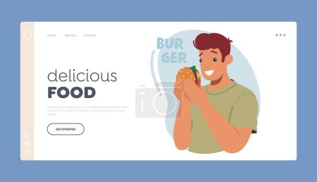Illustration for Delicious Food Landing Page Template. Man Relishing Juicy Burger With A Look Of Pure Satisfaction On His Face. Male Character with Joy Of Indulging In Fastfood. Cartoon People Vector Illustration - Royalty Free Image