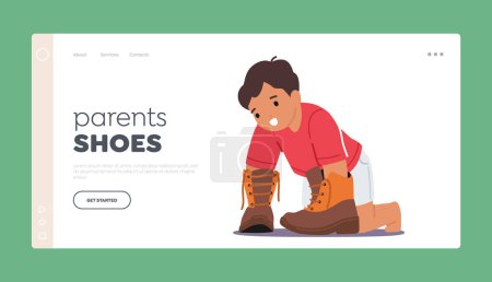 Illustration for Parents Shoes Landing Page Template. Little Boy Trying On His Fathers Shoes, Giving A Glimpse Into His Playful And Imaginative World. Familial Bonding, Footwear. Cartoon People Vector Illustration - Royalty Free Image