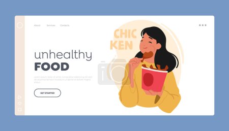 Illustration for Unhealthy Food Landing Page Template. Woman Indulging In Chicken Nuggets, Female Character with Carton Bucket Full of Fastfood Snack Displaying Enjoyment Of Taste. Cartoon People Vector Illustration - Royalty Free Image