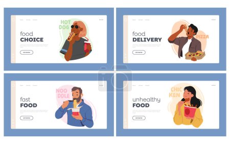 Illustration for Food Choice Landing Page Template Set. Characters Indulging In Fast Food, Men and Women With Burger, Fries, Noodles, Nuggets and Hot Dog with Soda. Cartoon People Vector Illustration - Royalty Free Image