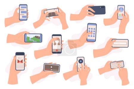 Ein Satz Hände, die Smartphones halten. Menschen mit Berührungsgesten für Mobiltelefone beim Lesen, Drücken und Zeigen, Kneifen und Entrinnen, Drehen und Wischen auf digitalen Geräten. Cartoon Vector Illustration, Symbole