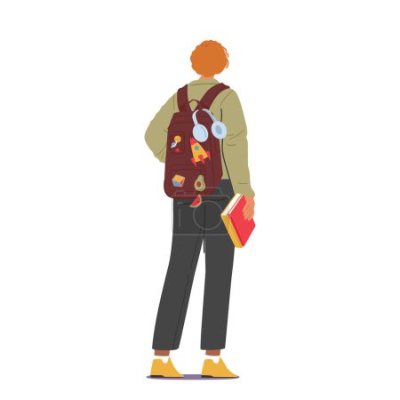 Illustration for Rear View Of Teenage Boy Carrying Backpack And Book Isolated On White Background. Studious And Responsible Student Male Character, Educational Or Academic Concept. Cartoon Vector Illustration - Royalty Free Image