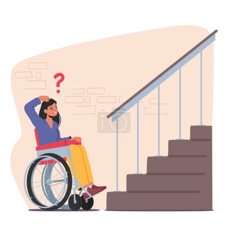 Personaje femenino en silla de ruedas tratando de acceder al porche del edificio sin rampa. Concepto de accesibilidad e inclusión Derechos de discapacidad, justicia social o campañas de promoción. Ilustración de vectores de dibujos animados