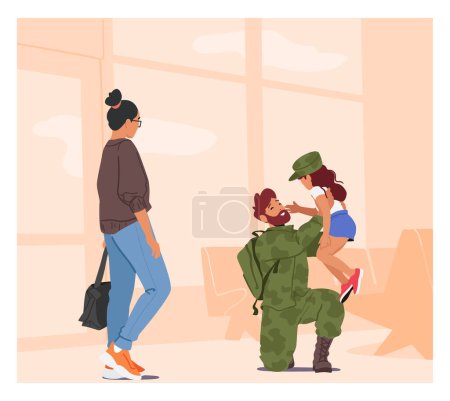 Mother And Daughter Reunite With Their Soldier Dad Who Is In Uniform. Joy Of Homecoming, Military Families Life, Happy Family Meeting Father And Husband Coming Home. Cartoon People Vector Illustration