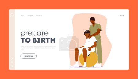 Illustration for Couple Prepare For Childbirth in Clinic Landing Page Template. Woman And Spouse Characters Using Fitness Ball Getting Ready For Delivery. Prenatal Care Concept. Cartoon People Vector Illustration - Royalty Free Image