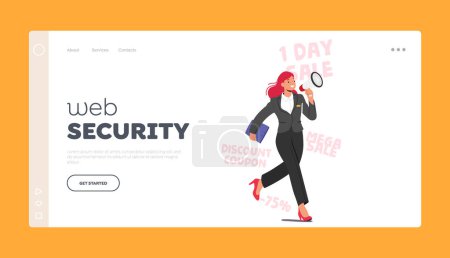 Web Security Landing Page Template. Forceful Promoter Female Character with Megaphone Making Claims Of Perks And Presents. Aggressive Sales, Social Spam, Assertive Promo. Cartoon Vector Illustration