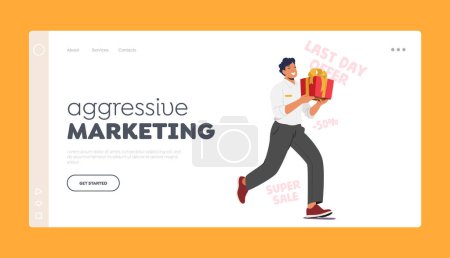 Illustration for Aggressive Marketing Landing Page Template. Persistent Promoter Male Character Run with Gift Box Eagerly Entices Customers With Promises Of Bonuses And Presents. Cartoon People Vector Illustration - Royalty Free Image