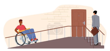 Personaje masculino en silla de ruedas usando una rampa para acceder al porche del edificio. Concepto de Accesibilidad e Inclusividad para Derechos de Discapacidad, Justicia Social o Campañas de Promoción. Ilustración de vectores de dibujos animados