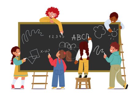 Illustration for Children Stand In Front Of Blackboard, Writing With Chalk. Concept of School Education, Innocence Of Childhood And Process Of Learning, Back-to-school, Preschool. Cartoon Vector Illustration - Royalty Free Image