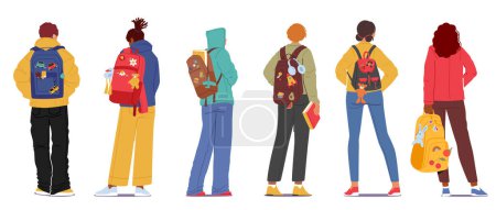 Illustration for Group of Young People with Backpacks Standing in Row Rear View. Teens Boys and Girls Wear Trendy Clothes of Bright Colors View From Behind Isolated on White Background. Cartoon Vector Illustration - Royalty Free Image