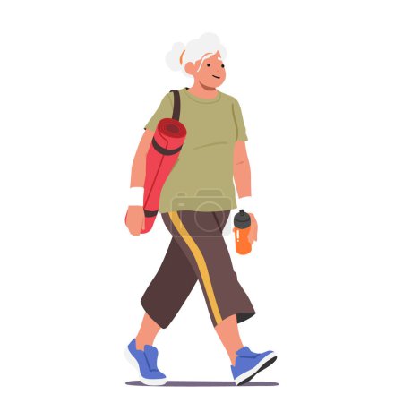 Illustration for Senior Female Character With Yoga Mat Walking Towards A Gym. Woman Determination To Lead A Healthy Lifestyle, Fitness Center, Yoga Class, And Wellness Program. Cartoon People Vector Illustration - Royalty Free Image