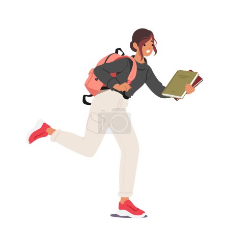 Studentische Mädchenfigur, die mit Rucksack und Bücherstapel in der Hand zu spät zum Unterricht in College oder Universität läuft. Konzept der Dringlichkeit, studentischer Lebensstil. Cartoon People Vektor Illustration
