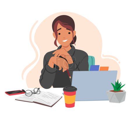 Illustration for Student Girl Character Seated At Desk, Surrounded By Book, Laptop, Coffee and Phone. Concept of Scholarly And Studious Atmosphere, Educational Academic Process. Cartoon People Vector Illustration - Royalty Free Image