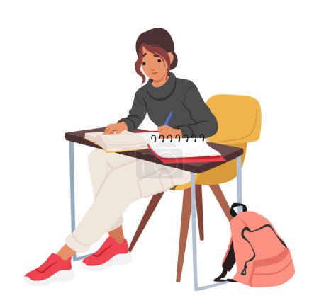 Character. Student Girl Seated At Desk with Papers, Diligently Reading Textbook or Academic Educational Materials, Concept of Back to School or University. Cartoon People Vector Illustration