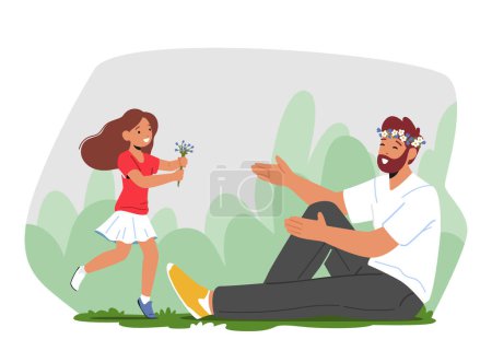 Illustration for Heartwarming Image Of A Little Daughter Presenting A Bouquet Of Flowers To Her Dad On A Sunny Meadow. The Image Captures The Joy Of Father-daughter Bonding - Royalty Free Image
