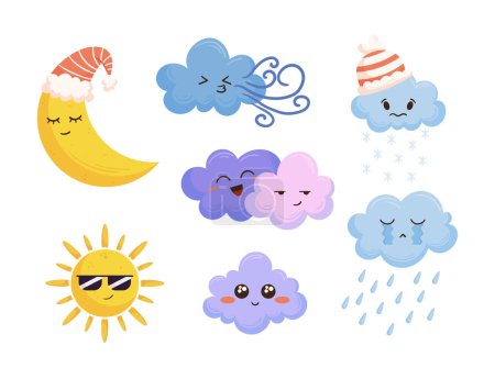 Illustration for Cartoon Weather Characters Set, Isolated Icons of Sun, Cloud, Raindrop, Snowflake, And Sleeping Moon or Wind. Various Meteorology Personages for Forecasting Presentations. Cartoon Vector Illustration - Royalty Free Image