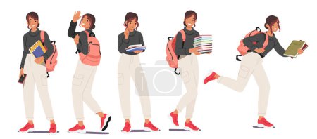 Set Student Girl With Backpack And Books in Different Poses and Motion Walk, Stand, Run. Concept of Female Character Education, Back to School, College Or University. Cartoon Vector Illustration