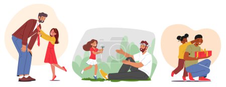 Illustration for Set Dad and Daughter Characters Love and Affection. Little Girl Tying Bow on Fathers Collar, Giving Flowers on Meadow and Handling a Gift for Holiday Celebration. Cartoon People Vector Illustration - Royalty Free Image