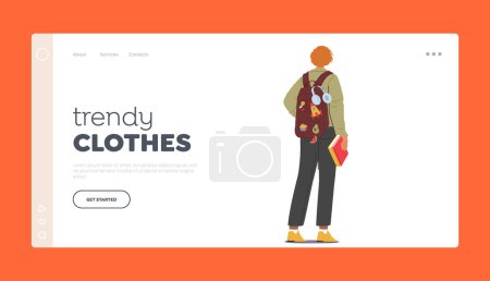 Illustration for Trendy Clothes Landing Page Template. Rear View Of Teenage Boy Carrying Backpack And Book. Studious And Responsible Student Male Character, Educational Or Academic Concept. Cartoon Vector Illustration - Royalty Free Image