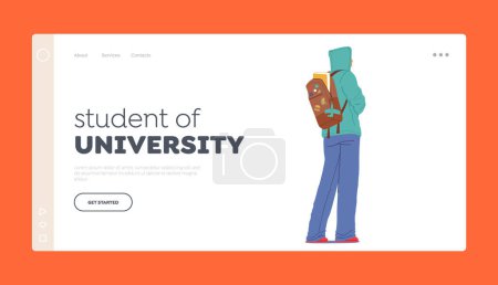 Illustration for Student of University Landing Page Template. Rear View Of Teenager Carrying Open Backpack with Book. Education, Back-to-school, Independence And Determination Of Youth. Cartoon Vector Illustration - Royalty Free Image