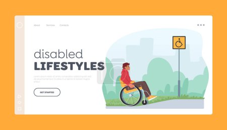 Lifestyle Landing Page Template deaktiviert. Männlicher Charakter im Rollstuhl, der die Rampe auf der Straße erklimmt und architektonische Barrieren überwindet. Barrierefreiheit Menschen mit Behinderungen. Zeichentrickvektorillustration