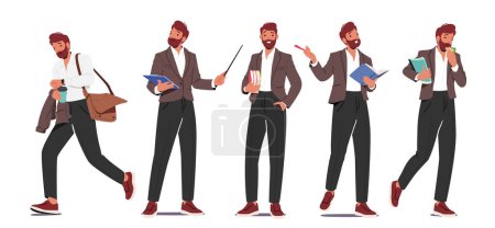 Illustration for Male Teacher Depicted In Dynamic Poses With Pointer, Books, Eating Sandwich, Hurry at Work Isolated on White Background. Tutor Man Character Lifestyle and Routines. Cartoon People Vector Illustration - Royalty Free Image