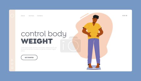 Illustration for Control Body Weight Landing Page Template. Male Character Stand On Scales Unhappy With Weight Gain And Big Belly. Health And Fitness Promotion, Weight Loss Program. Cartoon People Vector Illustration - Royalty Free Image